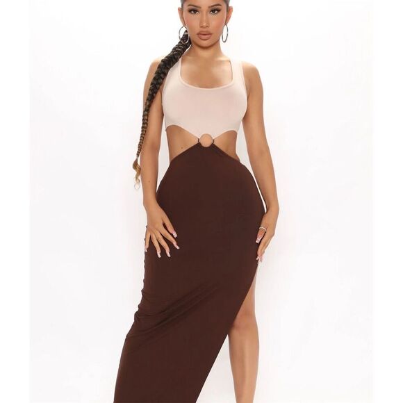 Hello Baby cut out block color Maxi Dress - Brown/combo size M - Picture 3 of 14